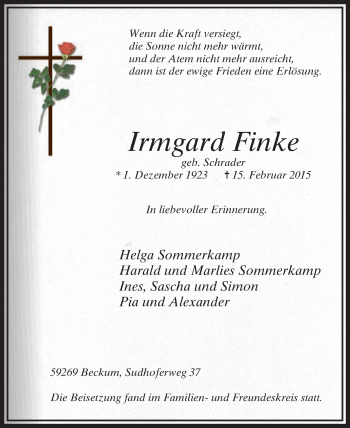 Traueranzeige von Irmgard Finke von Die Glocke