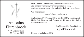 Traueranzeige von Antonius Flürenbrock von Die Glocke