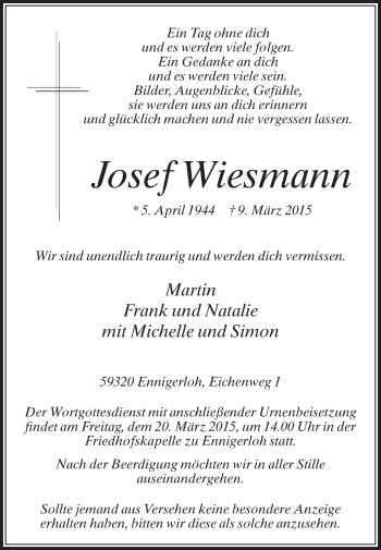 Traueranzeige von Josef Wiesmann von Die Glocke
