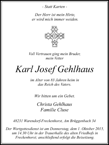 Traueranzeige von Karl Josef Gehlhaus von Die Glocke
