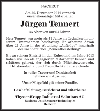 Traueranzeige von Jürgen Tennert von Die Glocke