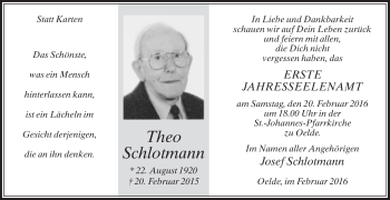 Traueranzeige von Theo Schlotmann von Die Glocke