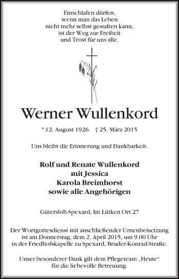 Traueranzeige von Werner Wullenkord von Die Glocke