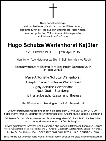 Traueranzeige von Hugo Schulze Wartenhorst Kajüter von Die Glocke