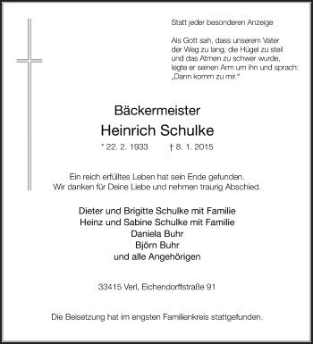 Traueranzeige von Heinrich Schulke von Die Glocke