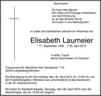 Traueranzeige von Elisabeth Laumeier von Die Glocke