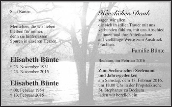 Traueranzeige von Elisabeth und Elisabeth Bünte von Die Glocke
