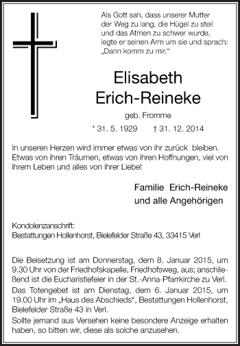 Traueranzeige von Elisabeth Erich-Reineke von Die Glocke