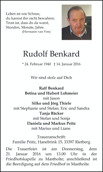 Traueranzeige von Rudolf Benkard von Die Glocke