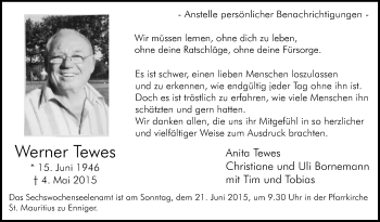 Traueranzeige von Werner Tewes von Die Glocke