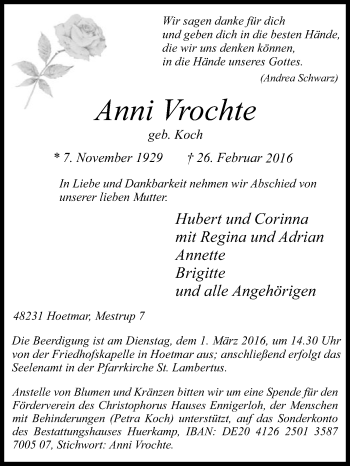 Traueranzeige von Anni Vrochte von Die Glocke