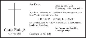 Traueranzeige von Gisela Fislage von Die Glocke