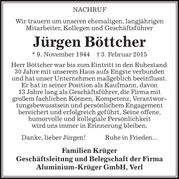 Traueranzeige von Jürgen Böttcher von Die Glocke