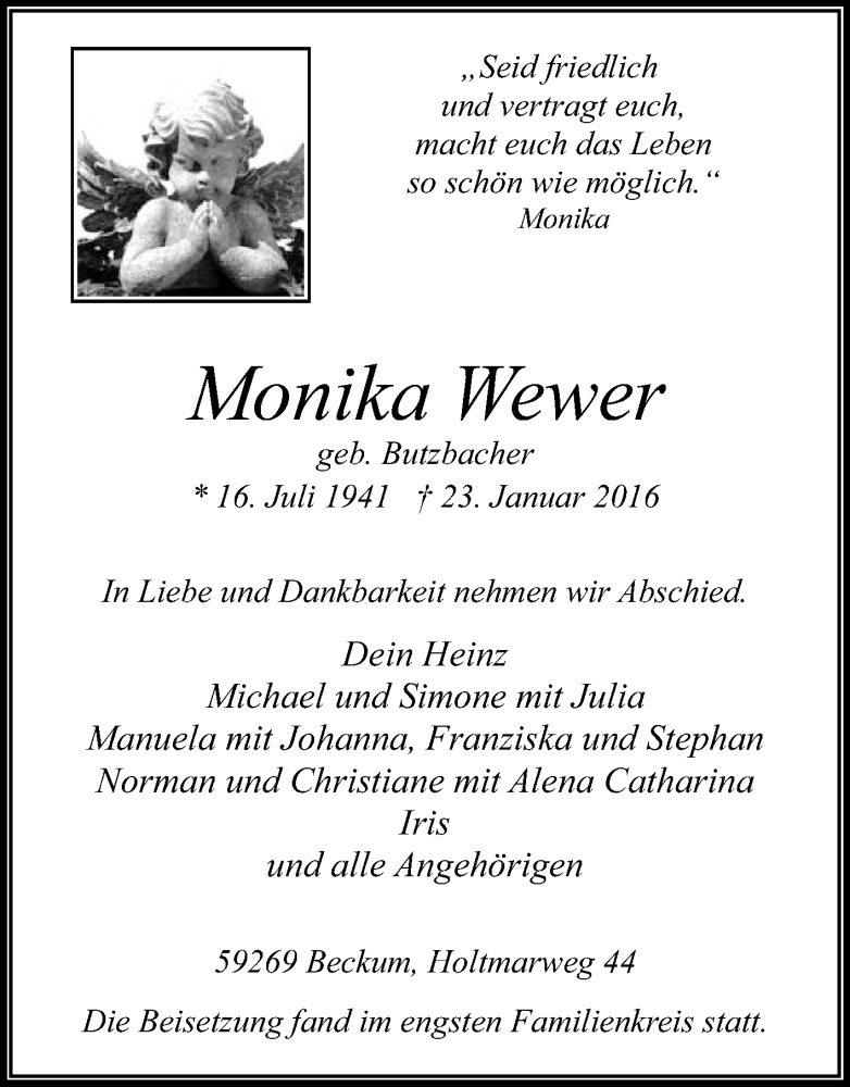  Traueranzeige für Monika Wewer vom 30.01.2016 aus Die Glocke