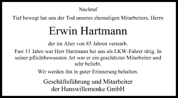 Traueranzeige von Erwin Hartmann von Die Glocke