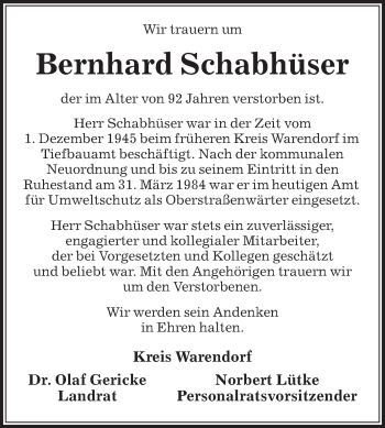 Traueranzeige von Bernhard Schabhüser von Die Glocke