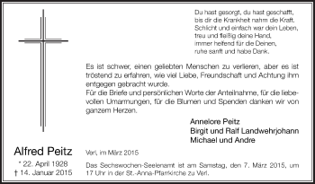 Traueranzeige von Alfred Peitz von Die Glocke