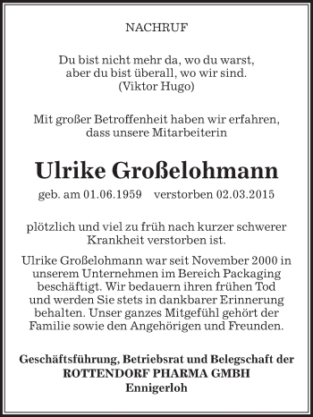 Traueranzeige von Ulrike Großelohmann von Die Glocke