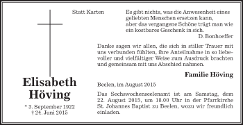 Traueranzeige von Elisabeth Höving von Die Glocke