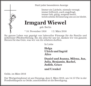 Traueranzeige von Irmgard Wiewel von Die Glocke