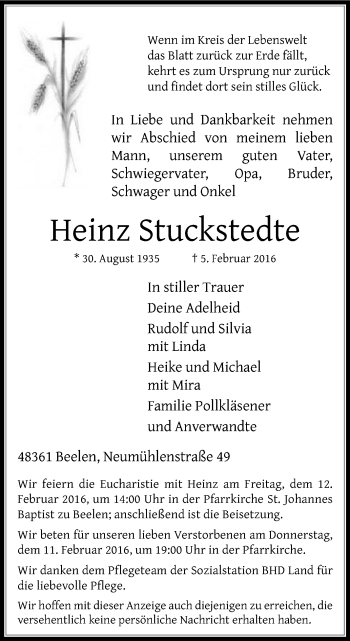 Traueranzeige von Heinz Stuckstedte von Die Glocke