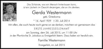 Traueranzeige von Gerda Westermann von Die Glocke