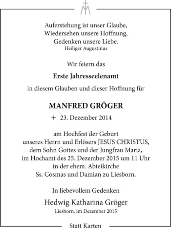 Traueranzeige von Manfred Gröger von Die Glocke