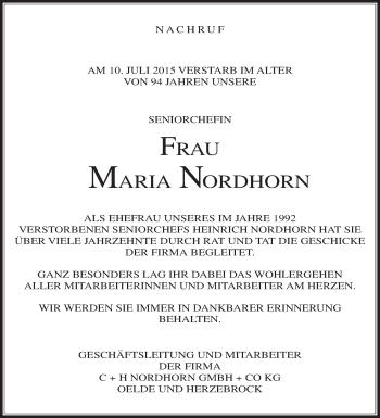 Traueranzeige von Maria Nordhorn von Die Glocke
