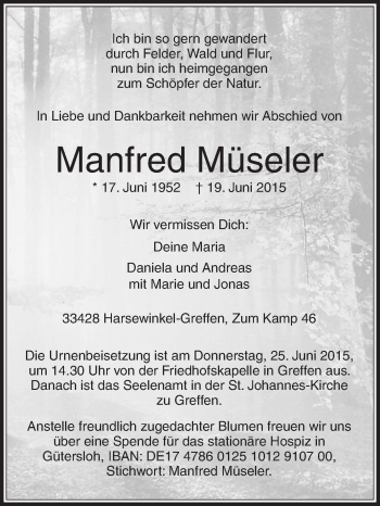 Traueranzeige von Manfred Müseler von Die Glocke