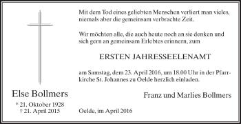 Traueranzeige von Else Bollmers von Die Glocke