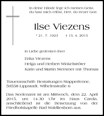 Traueranzeige von Ilse Viezens von Die Glocke