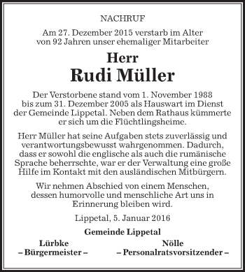Traueranzeige von Rudi Müller von Die Glocke