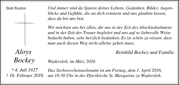 Traueranzeige von Aloys Bockey von Die Glocke