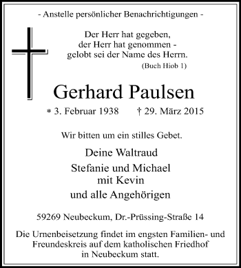 Traueranzeige von Gerhard Paulsen von Die Glocke