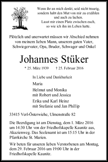 Traueranzeige von Johannes Stüker von Die Glocke