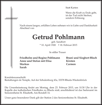 Traueranzeige von Getrud Pohlmann von Die Glocke
