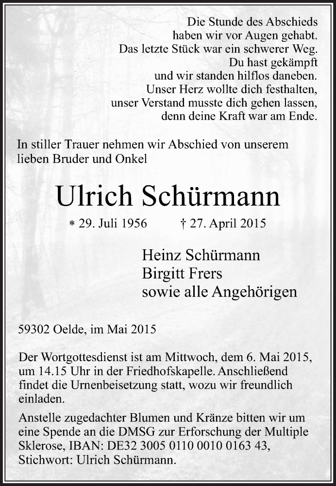  Traueranzeige für Ulrich Schürmann vom 04.05.2015 aus Die Glocke