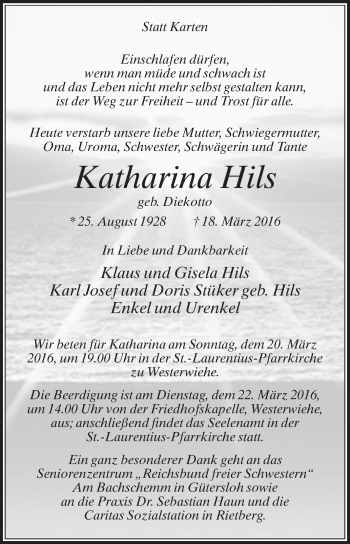 Traueranzeige von Katharina Hils von Die Glocke