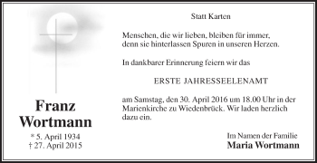 Traueranzeige von Franz Wortmann von Die Glocke