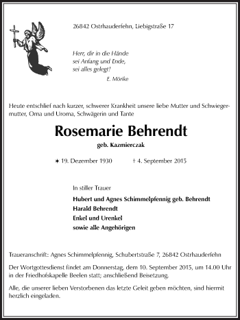 Traueranzeige von Rosemarie Behrendt von Die Glocke