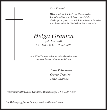 Traueranzeige von Helga Granica von Die Glocke