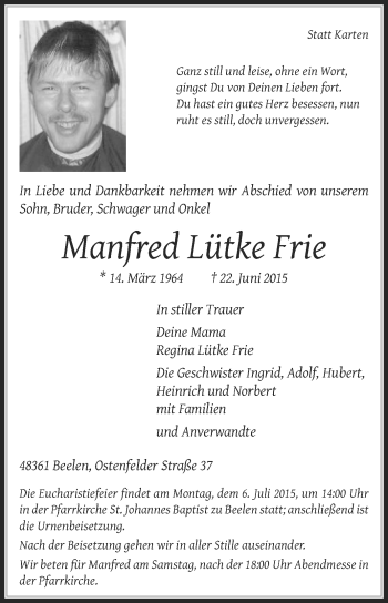 Traueranzeige von Manfred Lütke Frie von Die Glocke