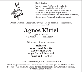 Traueranzeige von Agnes Kittel von Die Glocke