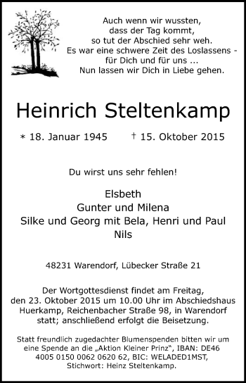 Traueranzeige von Heinrich Steltenkamp von Die Glocke