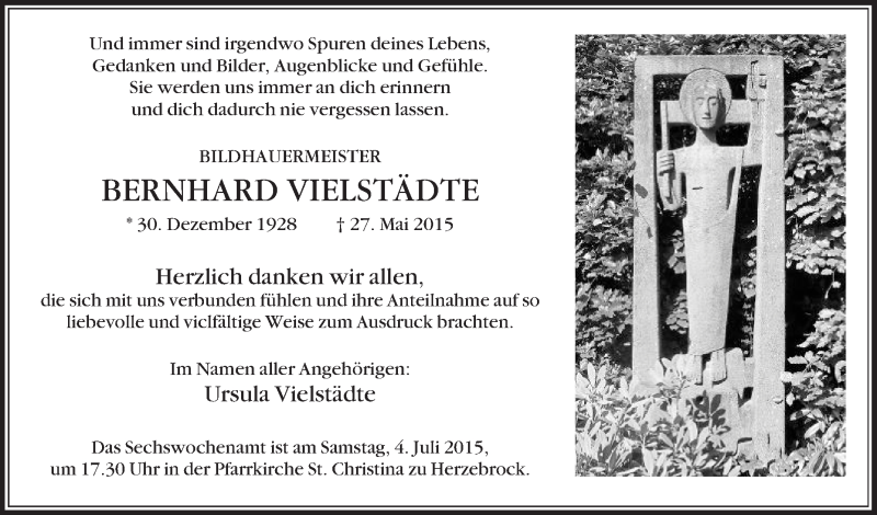  Traueranzeige für Bernhard Vielstädte vom 27.06.2015 aus Die Glocke