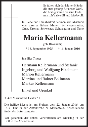 Traueranzeige von Maria Kellermann von Die Glocke