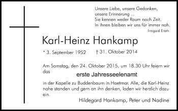 Traueranzeige von Karl-Heinz Hankamp von Die Glocke