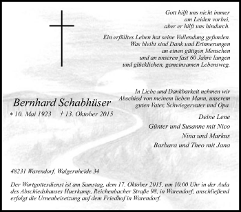 Traueranzeige von Bernhard Schabhüser von Die Glocke