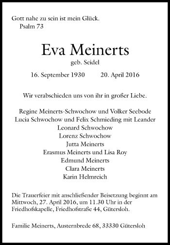 Traueranzeige von Eva Meinerts von Die Glocke