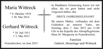 Traueranzeige von Maria und Gerhard Wittreck von Die Glocke